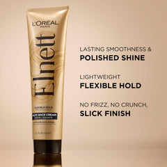 Hands applying Elnett Slick Back Cream for brushable control and flexible styling.