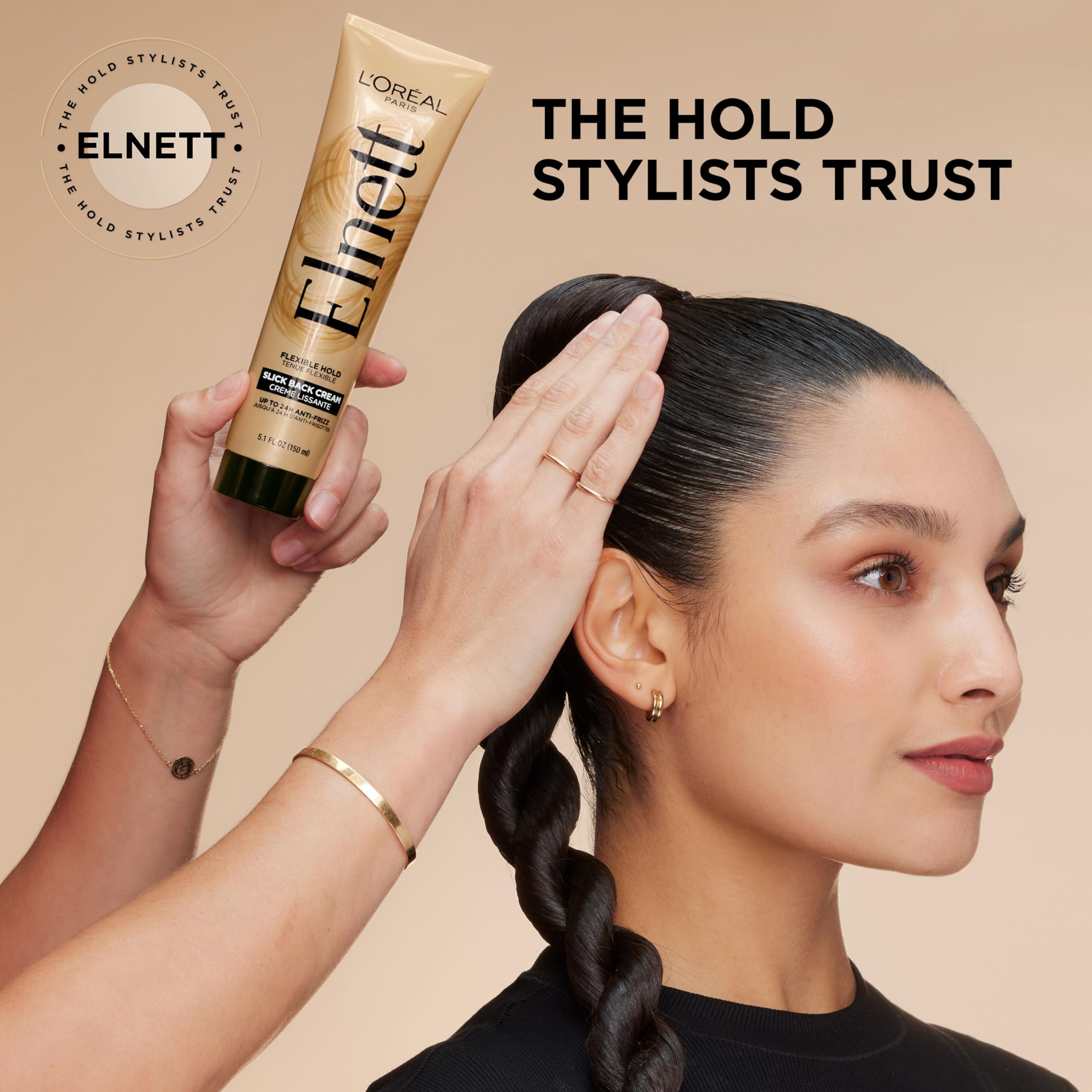 Close-up of wet-look slick back formed with Elnett Cream.
