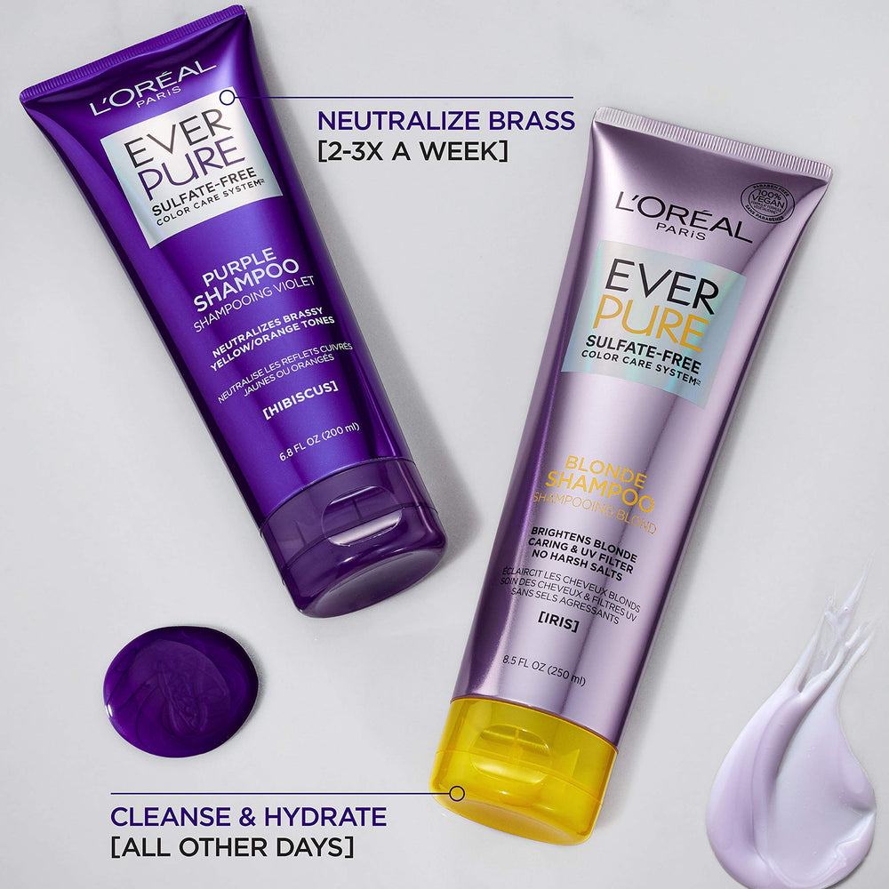 Close-up of L'Oreal Paris EverPure bottle lathering to cleanse and protect blonde tones