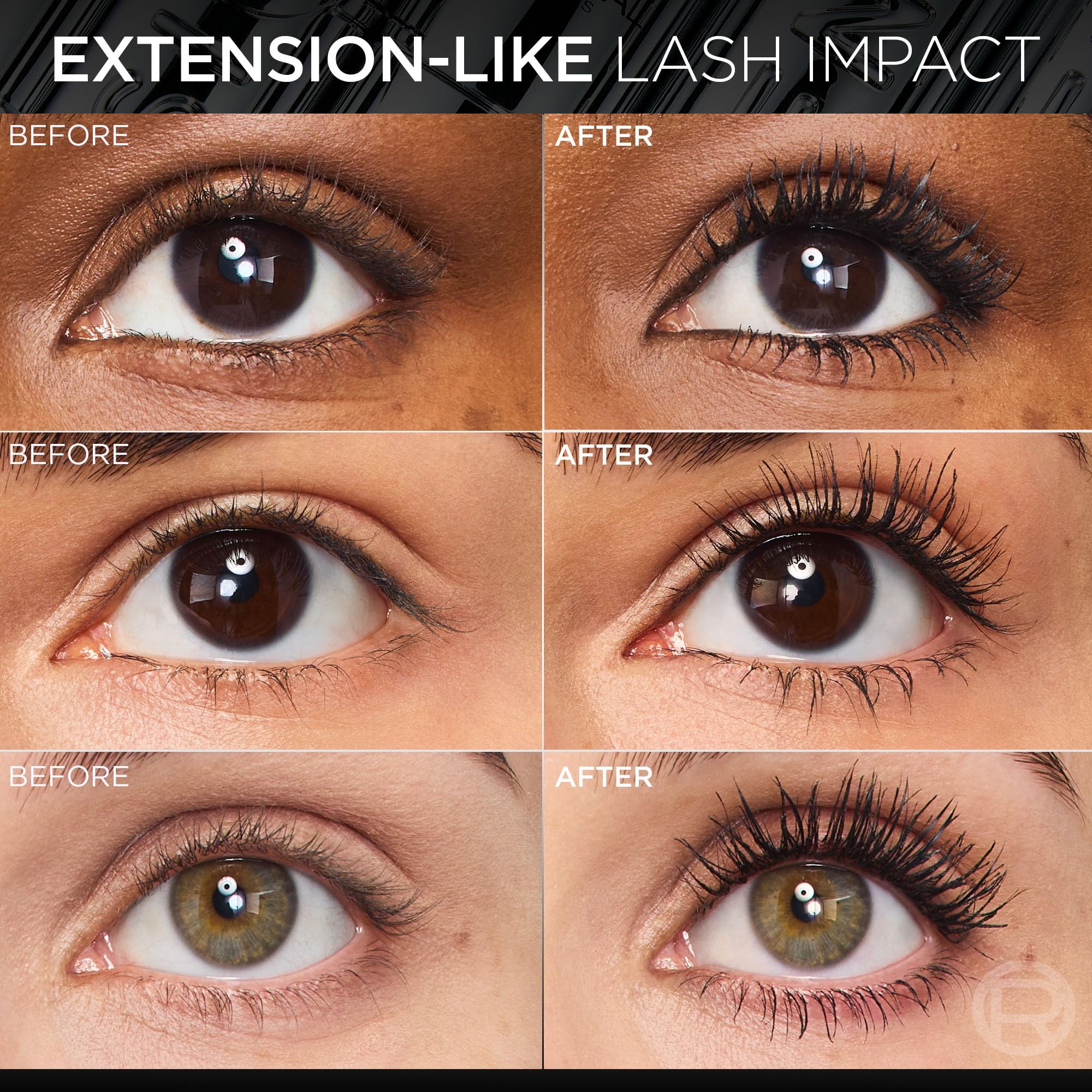 L'Oreal Extensionist Mascara lashes before after show dramatic length.