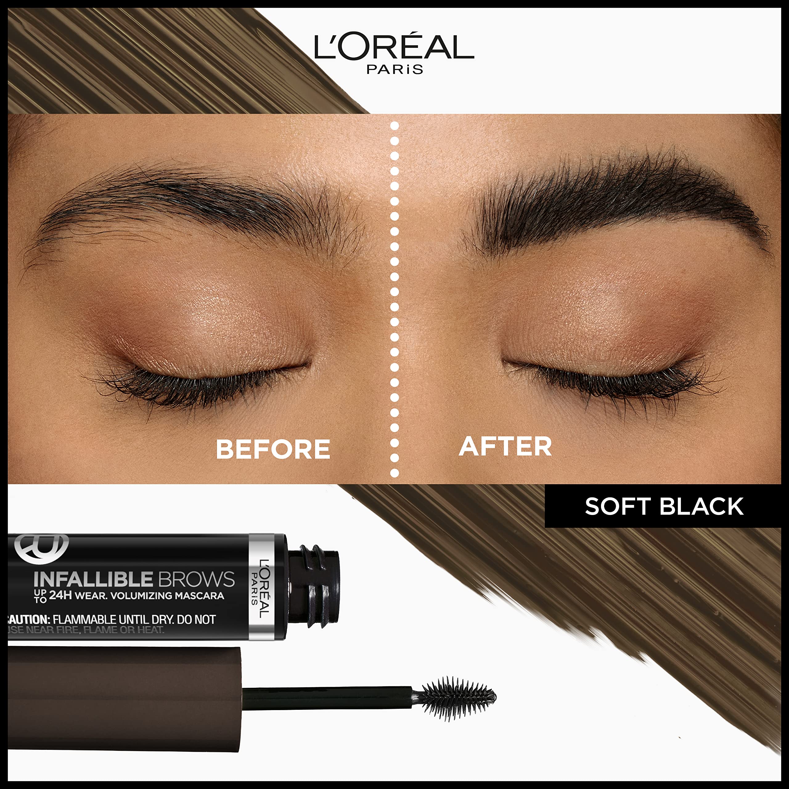 L’Oréal Infallible Brow Mascara wand close-up applying precise strokes.