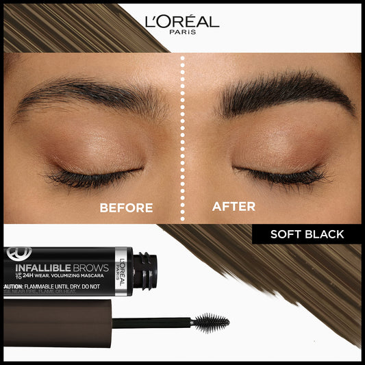 L’Oréal Infallible Brow Mascara wand close-up applying precise strokes.
