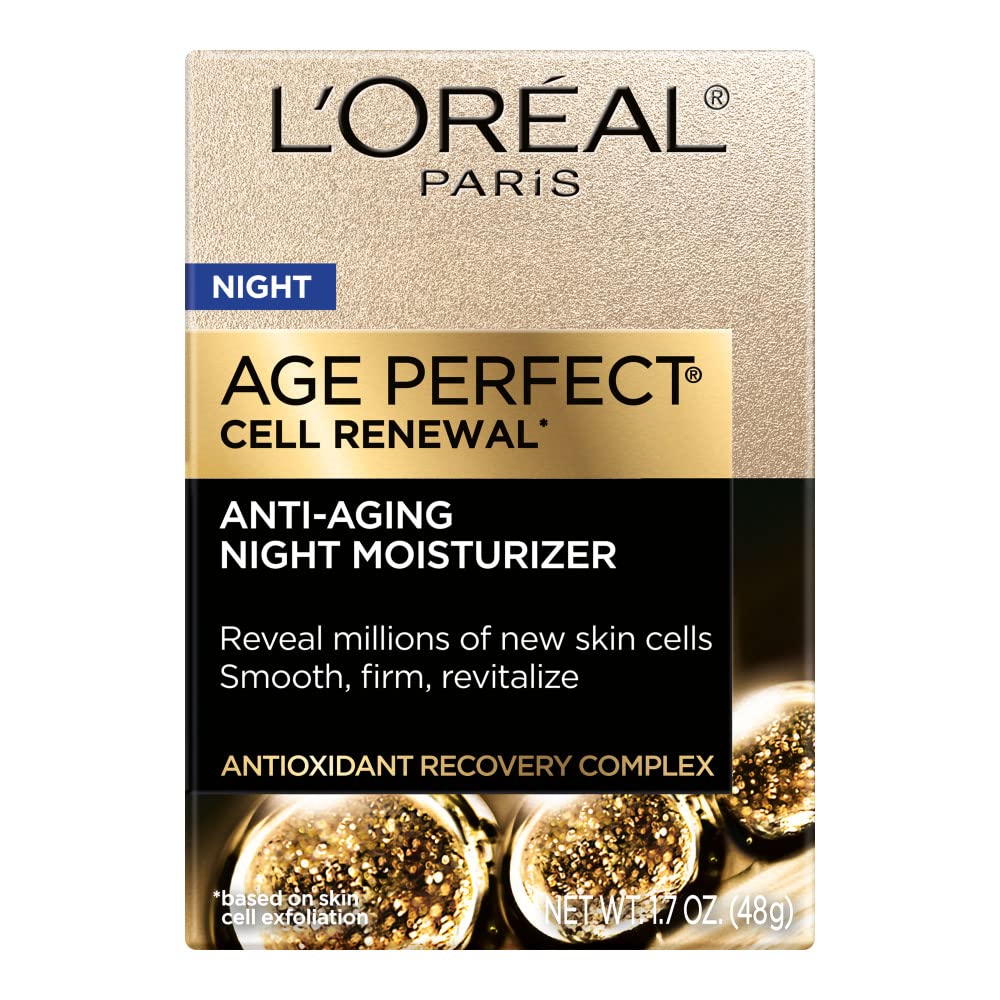 L'Oreal Paris Age Perfect Night Moisturizer bottle top view highlighting overnight hydration