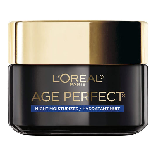 L'Oreal Paris Age Perfect Night Moisturizer jar closeup showing non-greasy formula for sensitive skin
