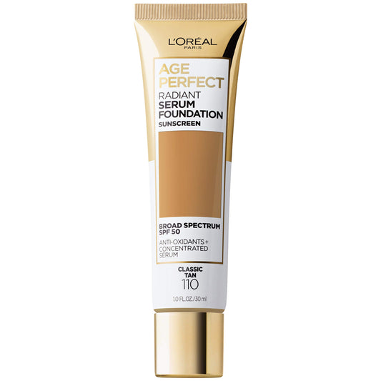 L'Oreal Paris Age Perfect Radiant Serum Foundation Classic Tan bottle with SPF 50 for natural coverage.