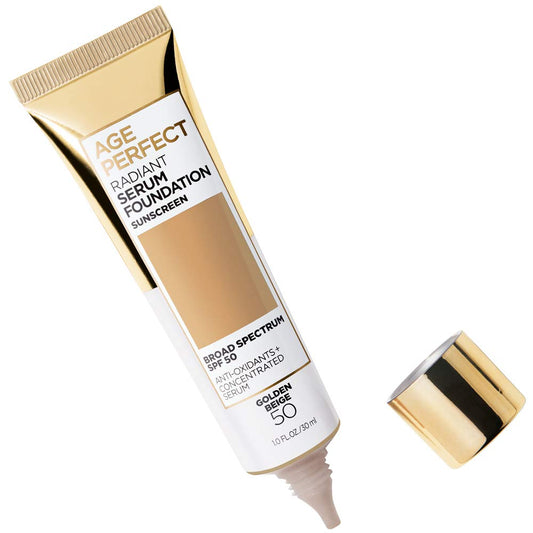 L'Oreal Paris Age Perfect Radiant Serum Foundation pump close-up for precise application.