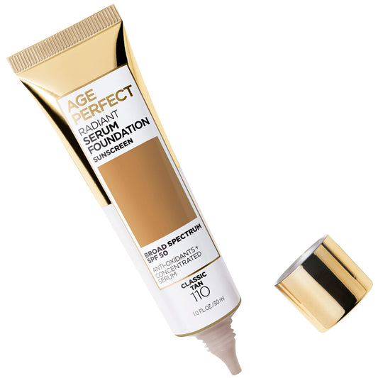 Swatch of L'Oreal Paris Age Perfect Radiant Serum Foundation SPF 50 showing true-to-tone finish.