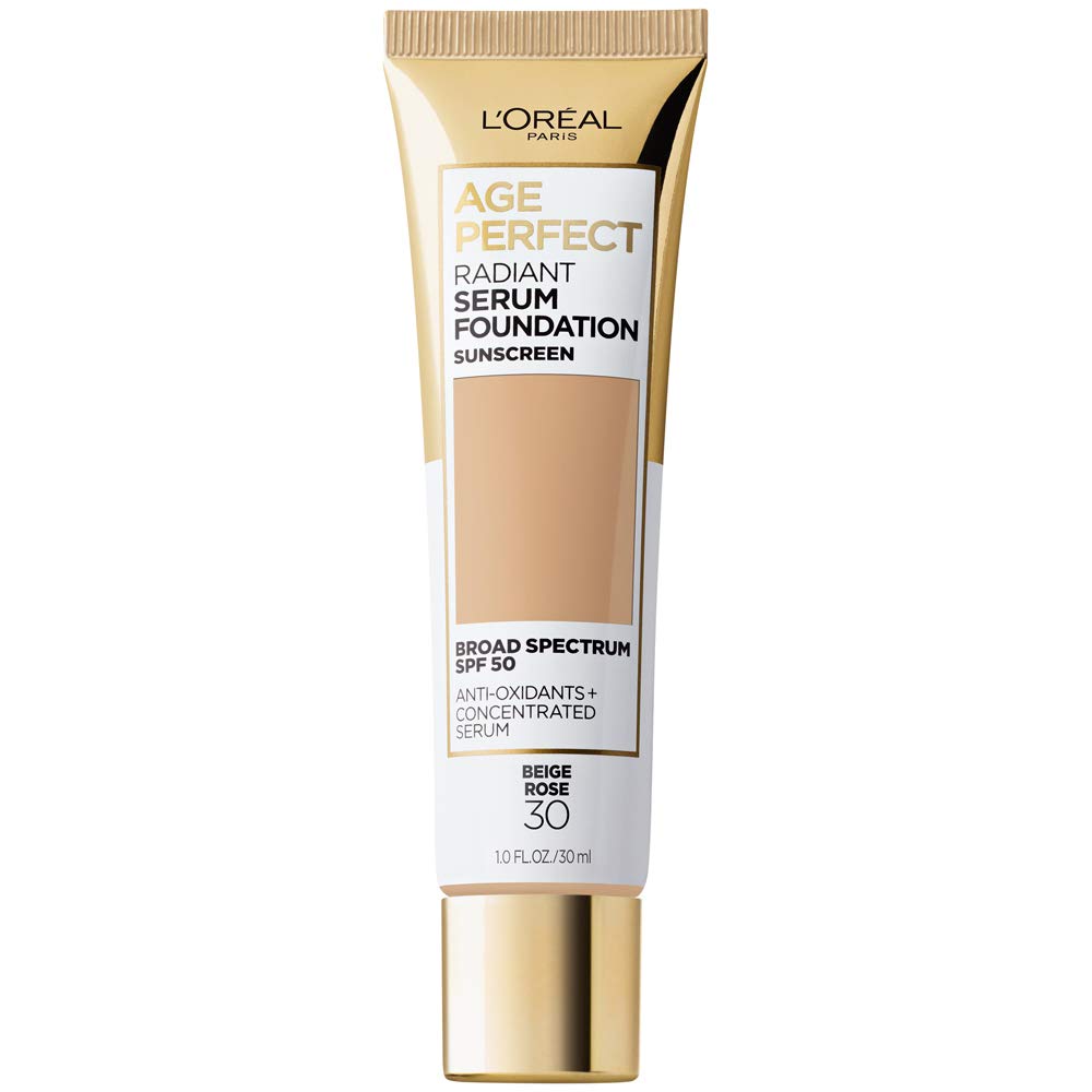 L'Oreal Paris Age Perfect Radiant Serum Foundation bottle with SPF 50 for hydrated, even skin.