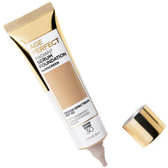 L'Oreal Paris Age Perfect Radiant Serum Foundation swatch shows natural radiant finish.