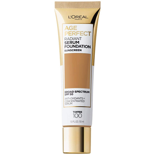 L'Oreal Paris Age Perfect Radiant Serum Foundation Toffee bottle with SPF 50 for natural glow