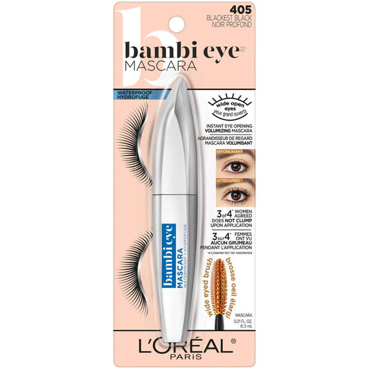 L'Oreal Paris Bambi Eye Mascara bottle with wand highlighting waterproof formula.