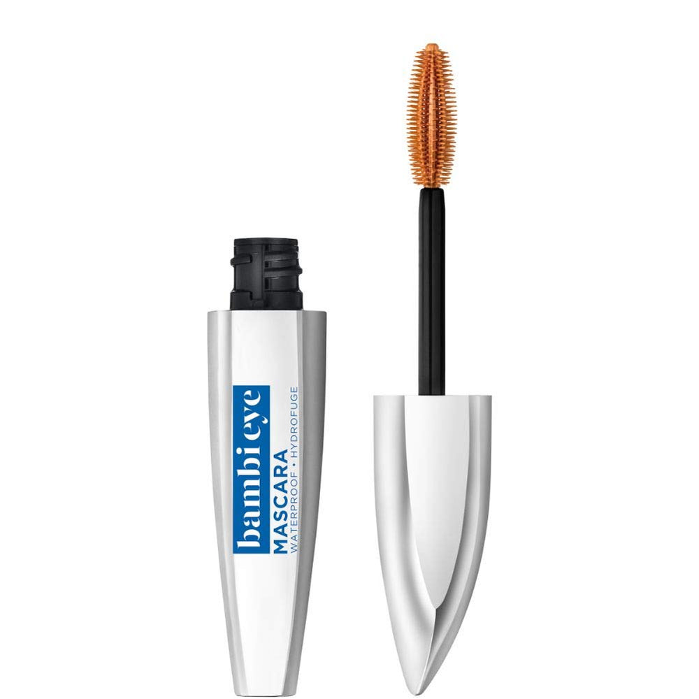 L'Oreal Paris Bambi Eye Mascara brush close-up showing volumized, separated lashes.