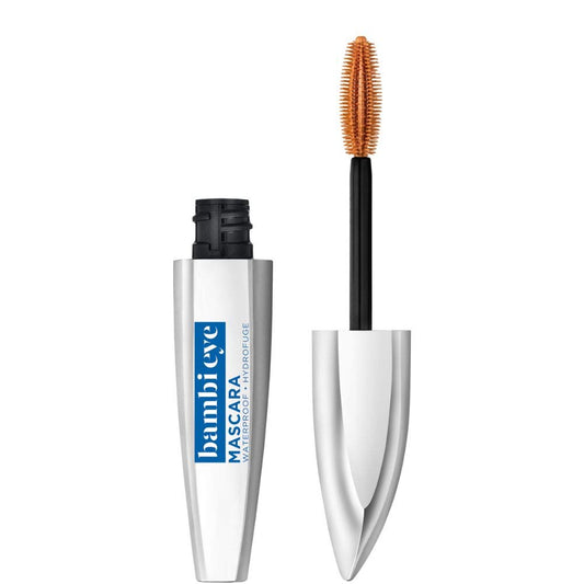 L'Oreal Paris Bambi Eye Mascara brush close-up showing volumized, separated lashes.