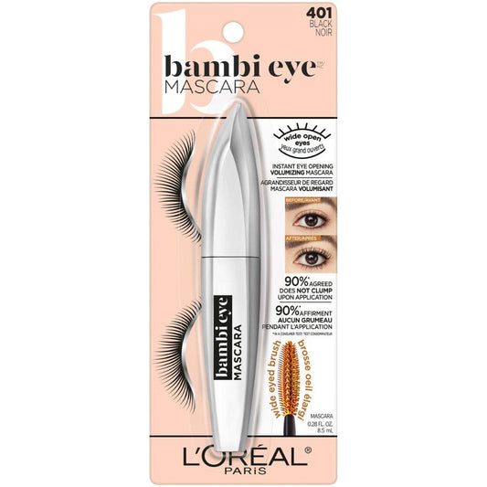 L'Oreal Paris Bambi Eye mascara delivers lifted, curled lashes for an open-eye look.
