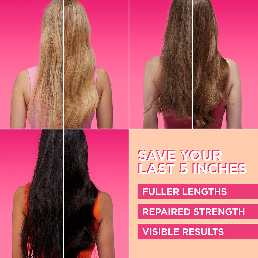 Before-and-after concept with Dream Lengths Savior Fiber Mask showing length improvement.