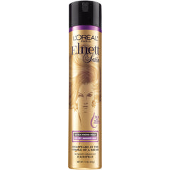 L'Oreal Paris Elnett Satin Precious Oils hairspray bottle with soft, brushable hold.