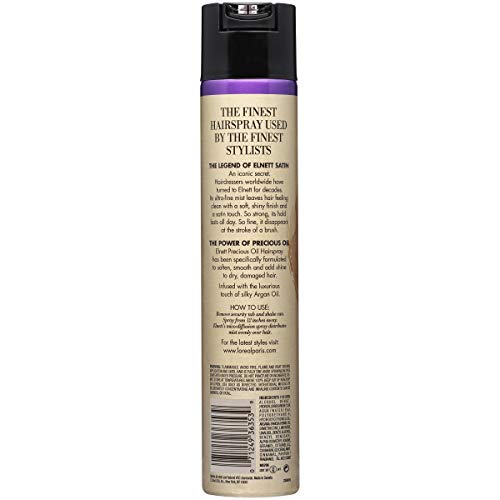L'Oreal Paris Elnett Satin Precious Oils hairspray ultra-fine mist for no-weight styling.