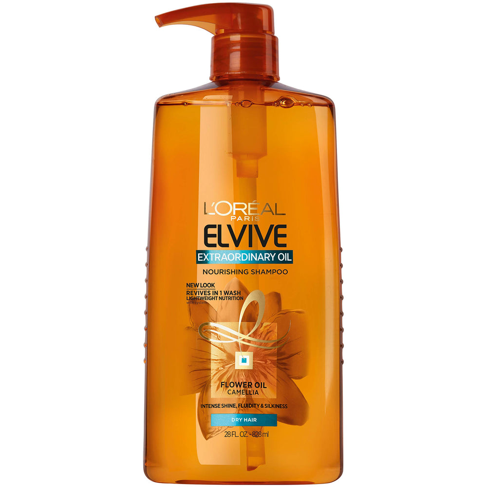 L'Oreal Paris Elvive Extraordinary Oil Shampoo bottle demonstrates lightweight hydration for dry hair.