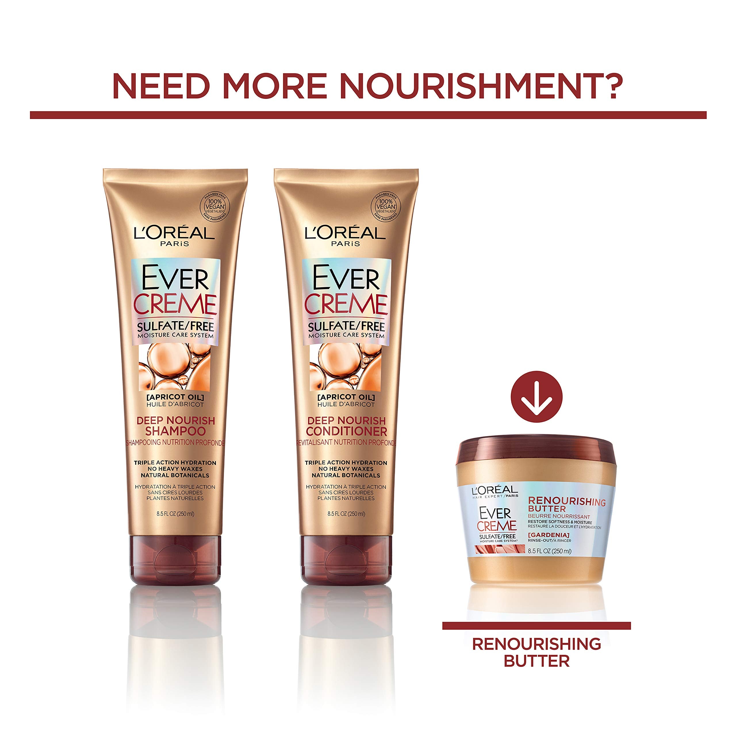 L’Oréal Paris EverCreme apricot oil infusion nourishes dry hair for smoother feel.