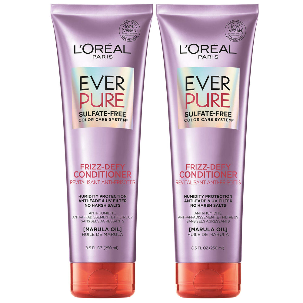 L'Oreal Paris EverPure Frizz-Defy Conditioner bottle pour shows sulfate-free frizz control.