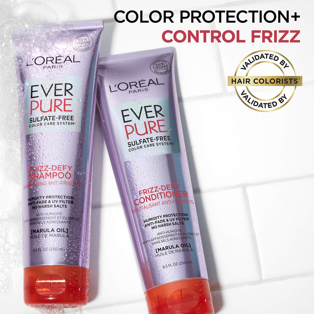 L'Oreal Paris EverPure Frizz-Defy Conditioner hair swatches show frizz-reduction potential.
