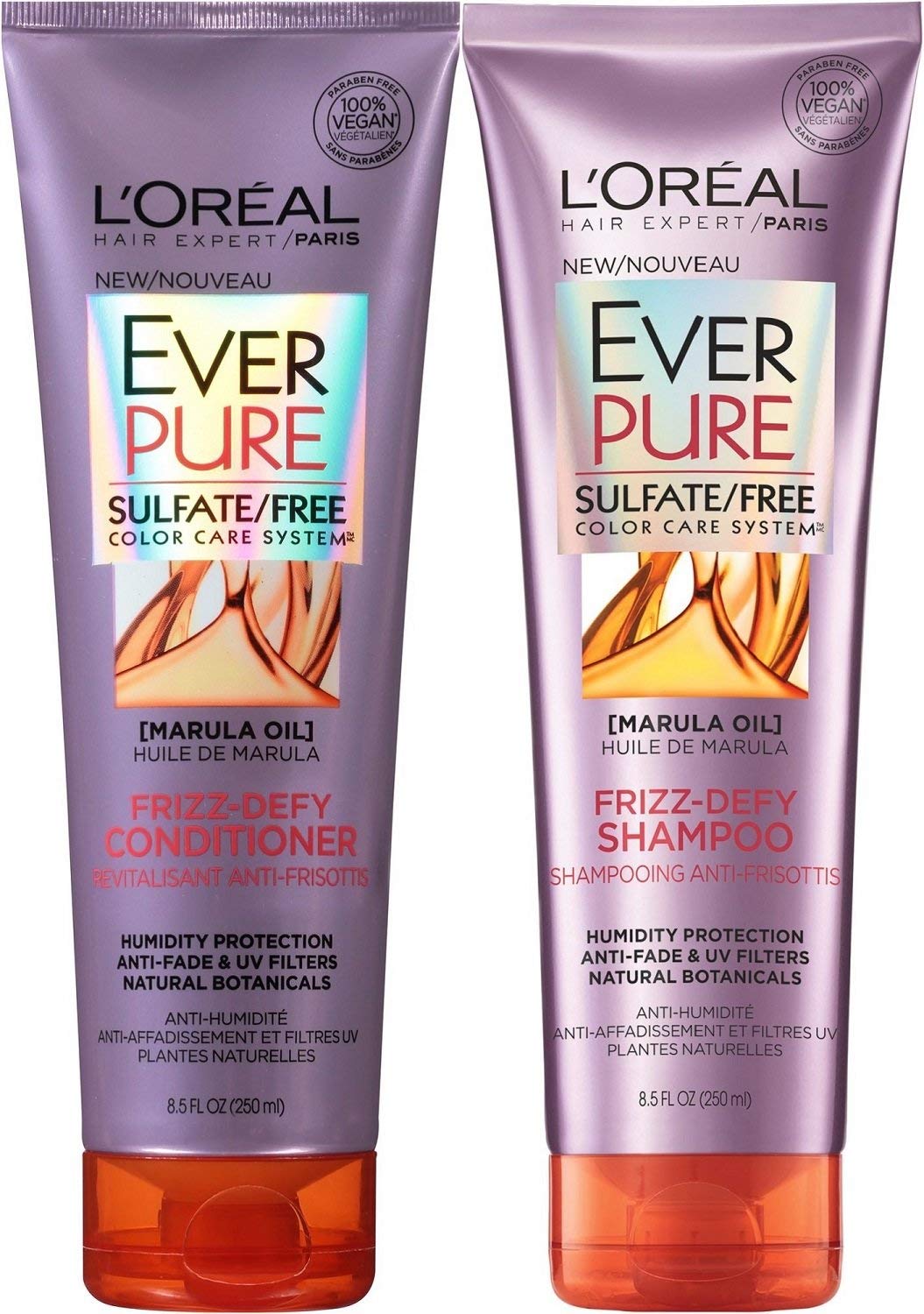 L'Oreal Paris EverPure Frizz-Defy Shampoo bottle for frizz control and color-safe cleansing.