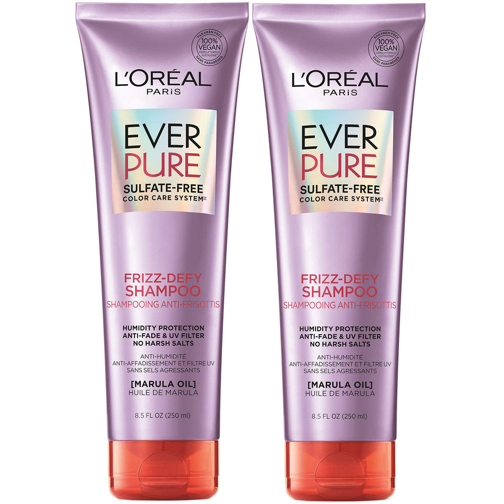 L’Oréal Paris EverPure Frizz-Defy packaging highlights color-safe formula for gentle cleansing