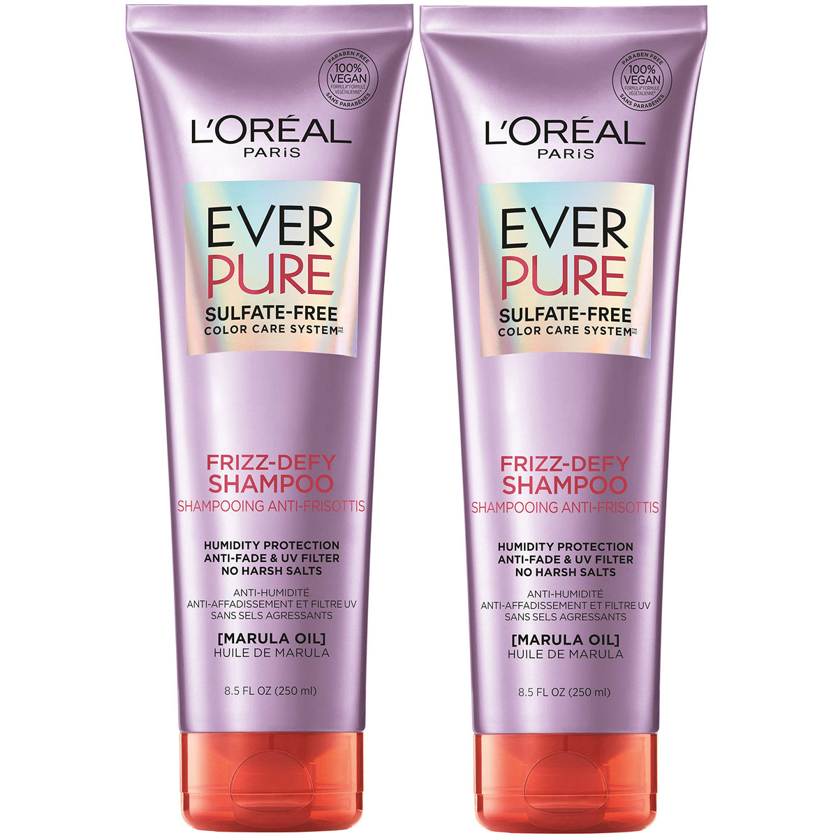 L’Oréal Paris EverPure Frizz-Defy packaging highlights color-safe formula for gentle cleansing