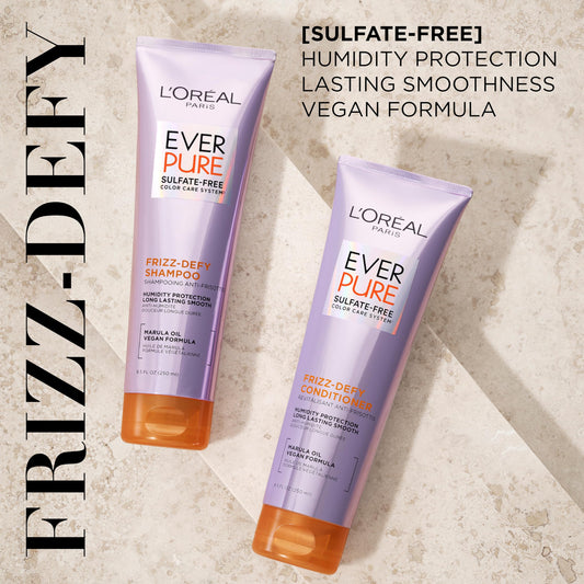 L'Oreal Paris Frizz Defy Conditioner bottle highlighting smoothing and color-safe care