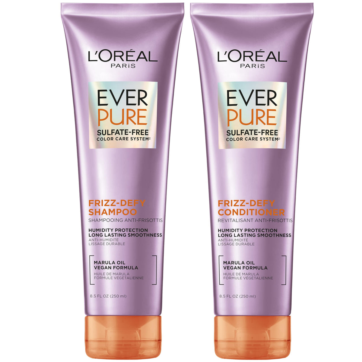 L'Oreal Paris Frizz Defy Shampoo bottle showing frizz control and color protection