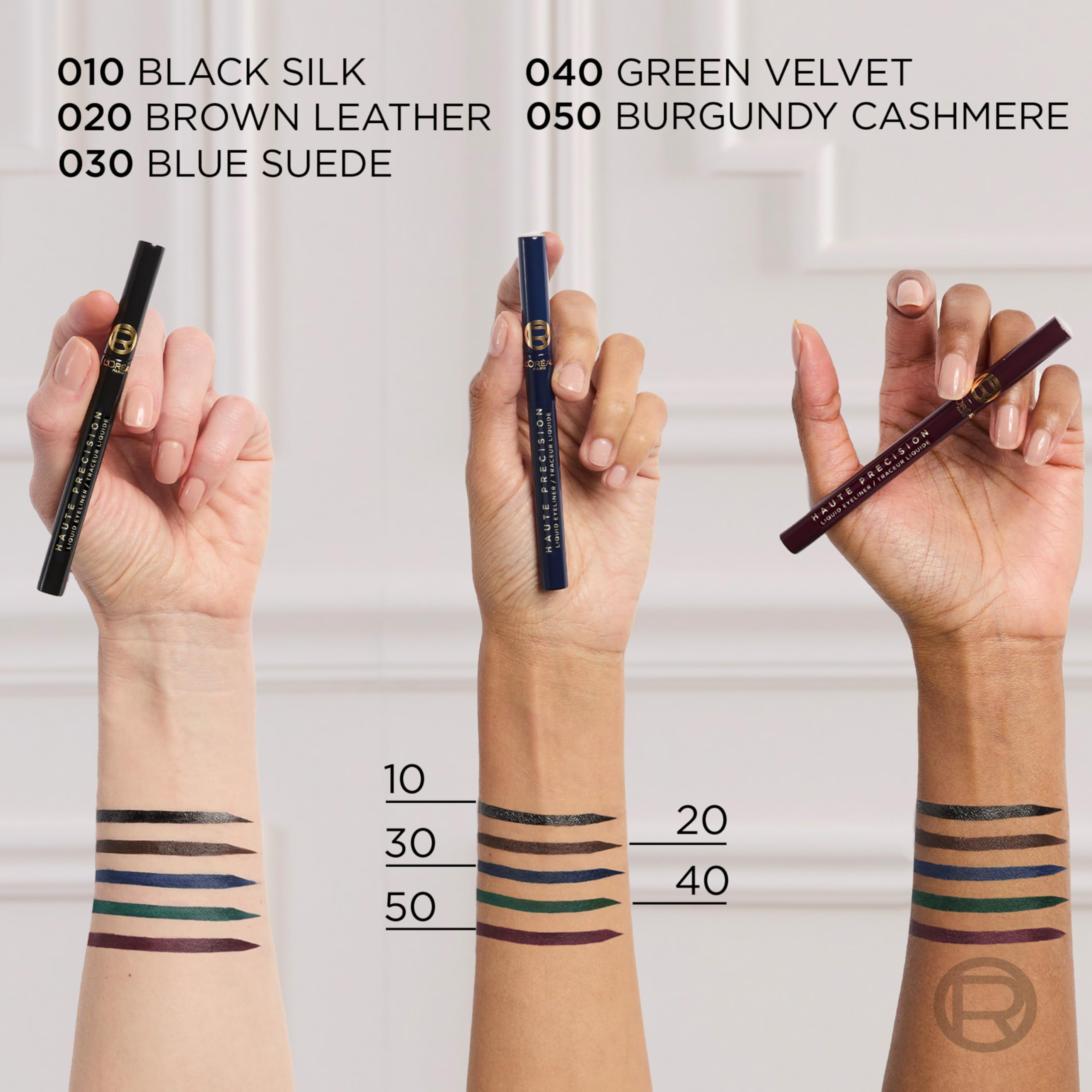Five-shade collection preview for versatile eye looks, including black, blue, brown, green, burgundy.