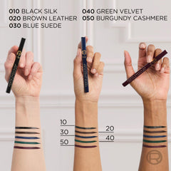 Five-shade collection preview for versatile eye looks, including black, blue, brown, green, burgundy.