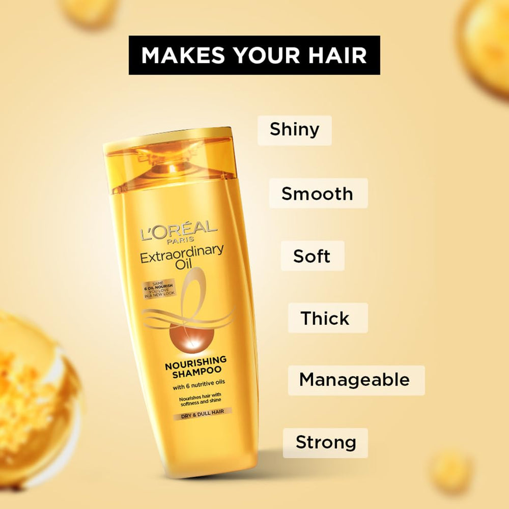 L'Oreal Paris Hex 6 Oil Shampoo drops on hair illustrate hydration and shine.