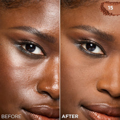 Blurring powder applied with puff demonstrates easy setting on foundation.