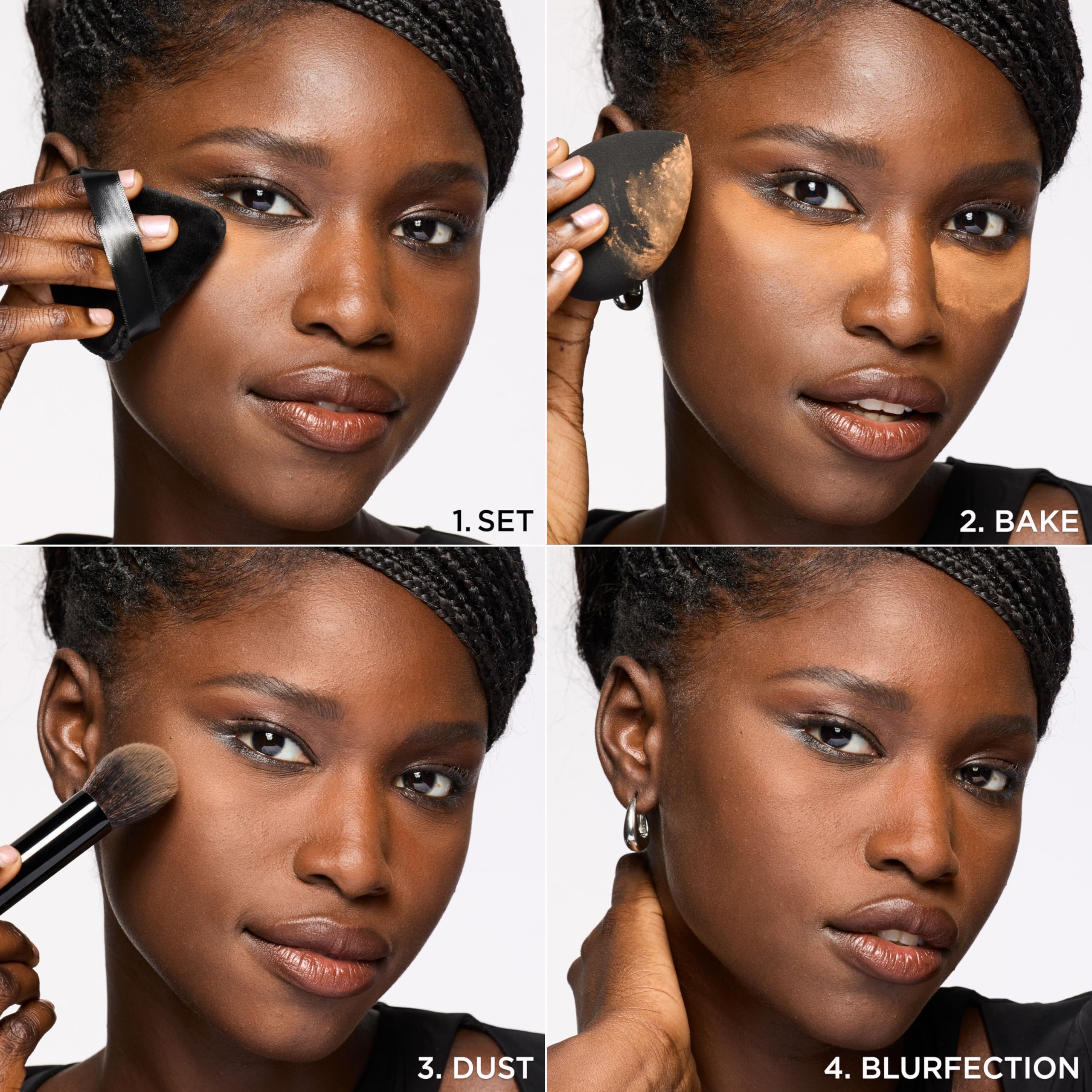 Swatches of Blur-fection powder brightening effect across shade range.