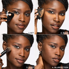 Swatches of Blur-fection powder brightening effect across shade range.