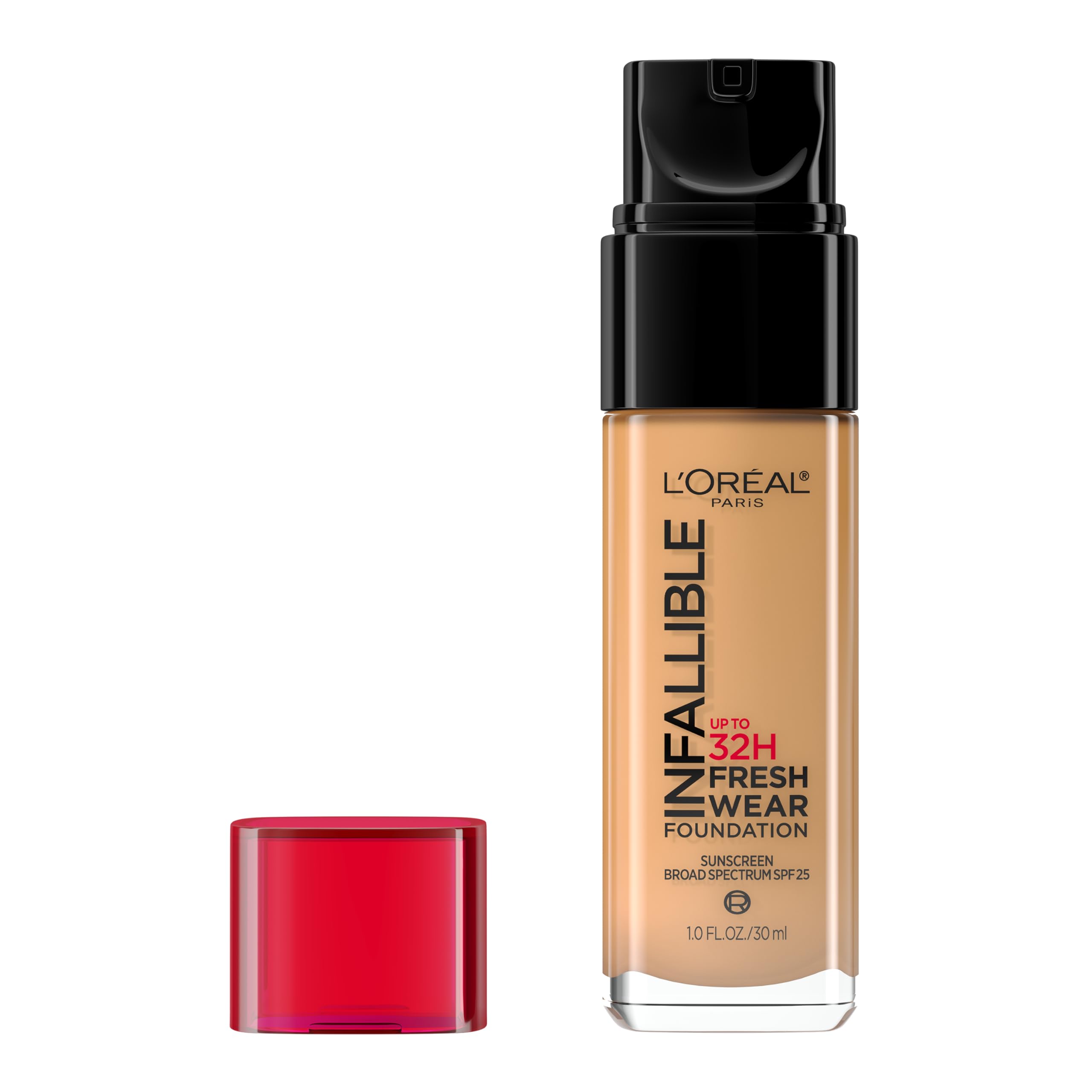 L'Oreal Paris Infallible Fresh Wear foundation bottle close-up shows ultra-thin texture for natural coverage