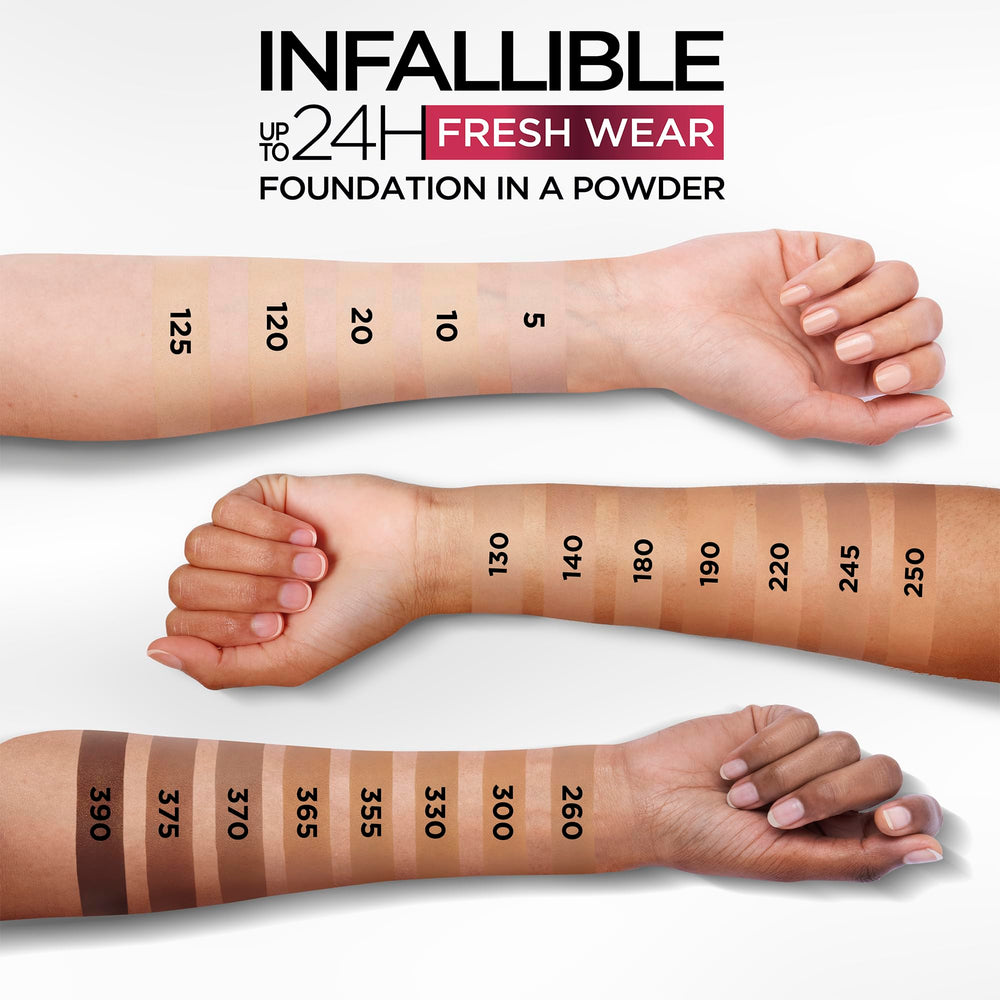 L'Oreal Paris Infallible Fresh Wear Foundation powder close-up with shade Beige Sand enhancing complexion