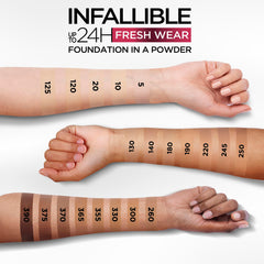 L'Oreal Paris Infallible Fresh Wear Foundation powder close-up with shade Beige Sand enhancing complexion