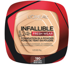 L'Oreal Paris Infallible Fresh Wear Foundation in a Powder compact close-up showing long-wear promise