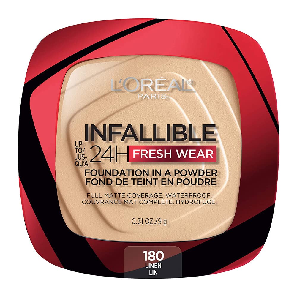 L'Oréal Paris Infallible Fresh Wear Foundation Powder Linen packaging bottle shows water resistance