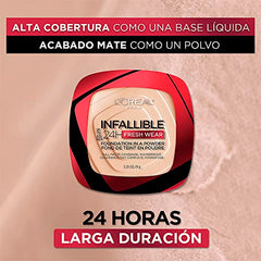 L'Oréal Paris Infallible Fresh Wear Foundation Powder Linen texture close-up highlights breathable, weightless feel