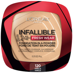 L'Oreal Paris Infallible Fresh Wear Powder Vanilla bottle shows long-lasting matte finish.
