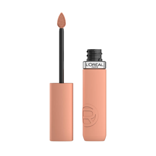 L'Oreal Paris Infallible Matte Resistance lipstick in Fairytale Ending 100 with precise applicator for bold payoff.
