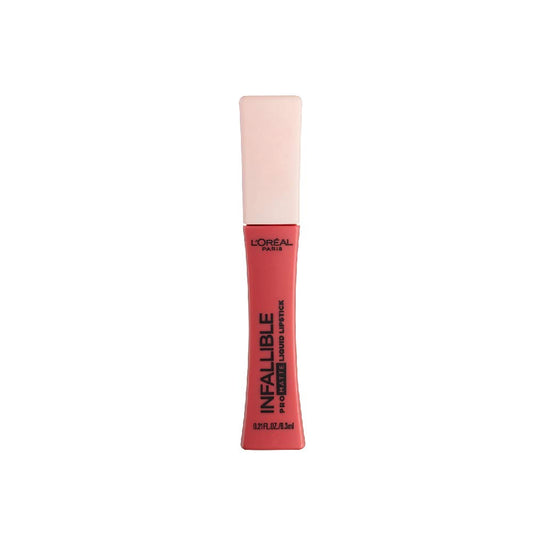 L'Oreal Paris Infallible Pro Matte Les Macarons tube front shows vibrant matte color with lasting wear.