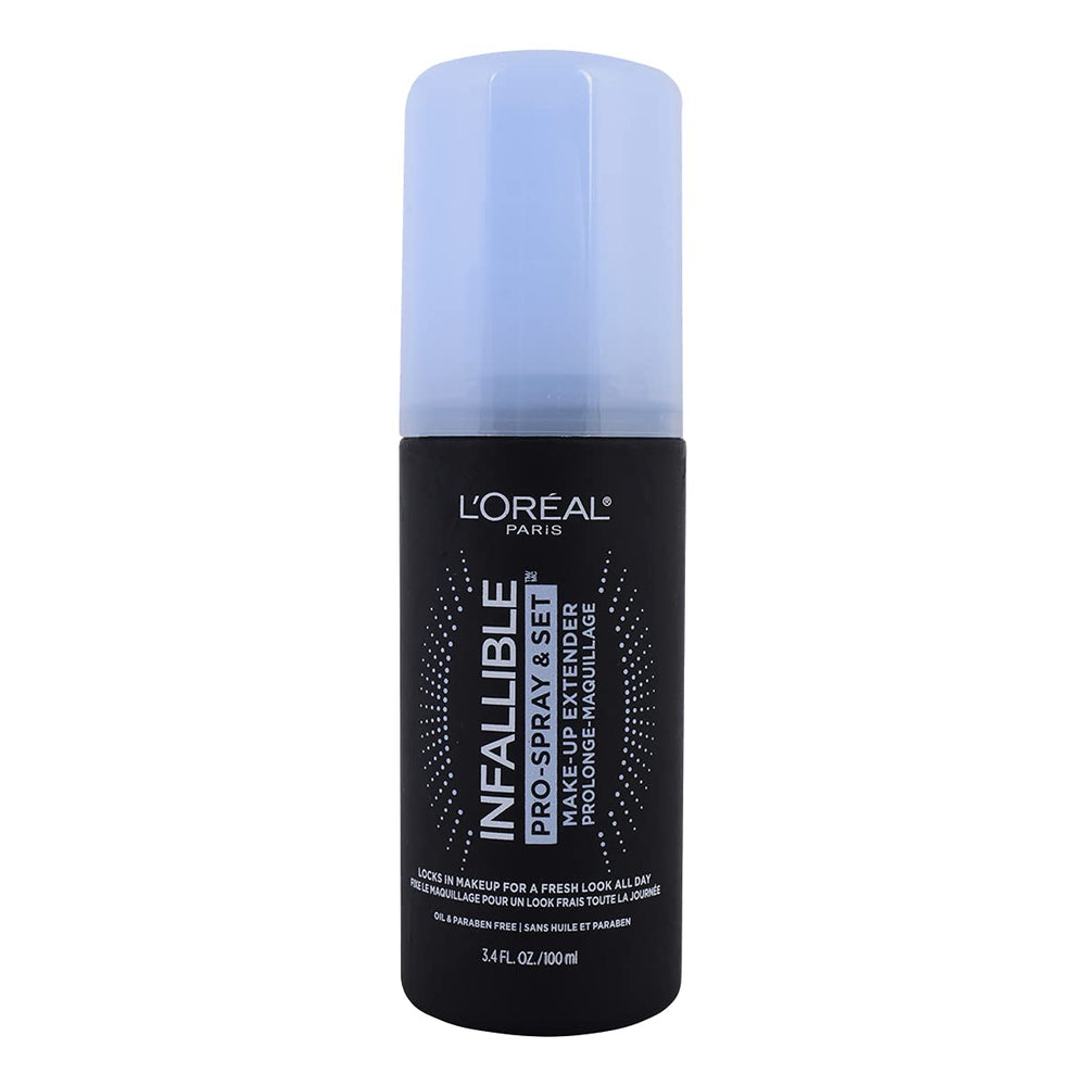L'Oreal Paris Infallible Pro-Spray bottle close-up for long-lasting makeup setting.