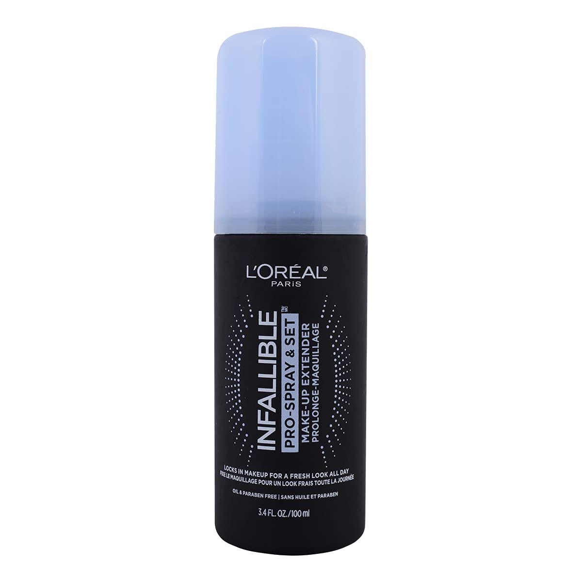 L'Oreal Paris Infallible Pro-Spray bottle close-up for long-lasting makeup setting.
