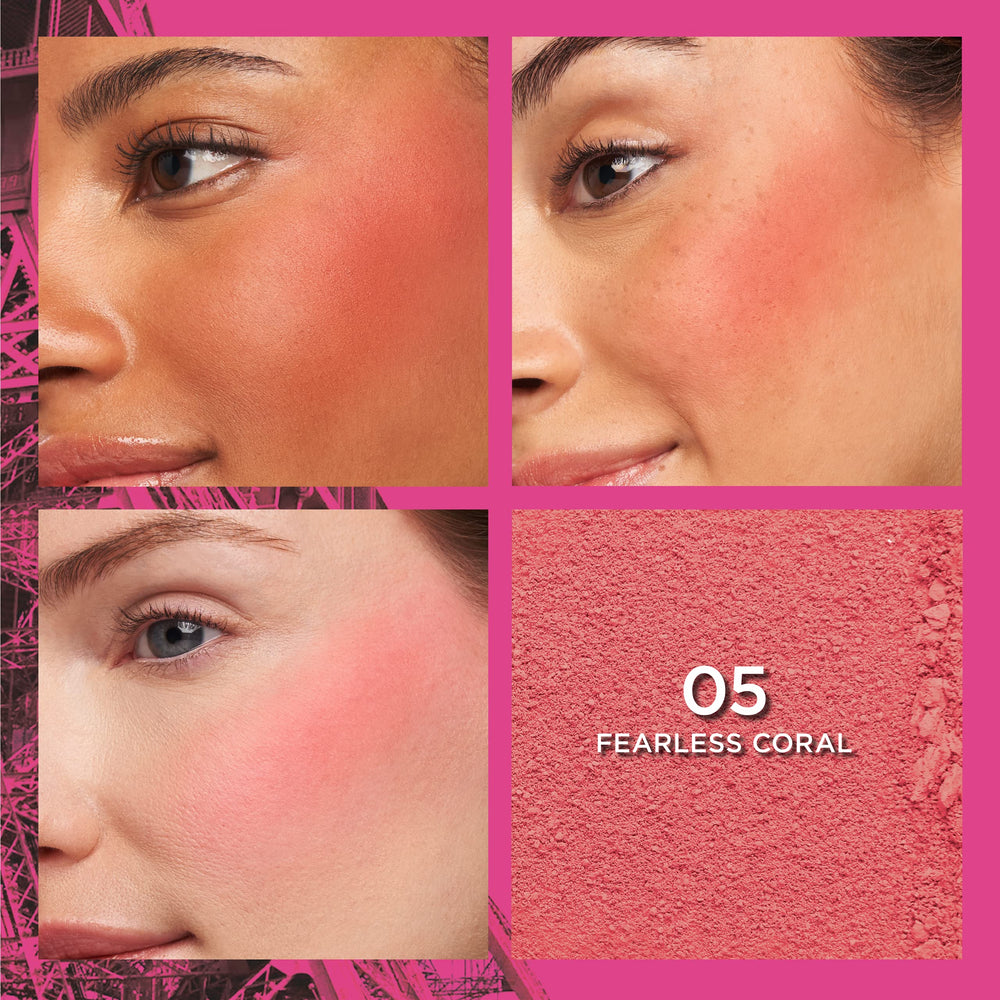 L’Oréal Paris Infallible Soft Matte Blush Fearless Coral swatch demonstrates rich pigment and warm glow.