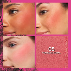 L’Oréal Paris Infallible Soft Matte Blush Fearless Coral swatch demonstrates rich pigment and warm glow.