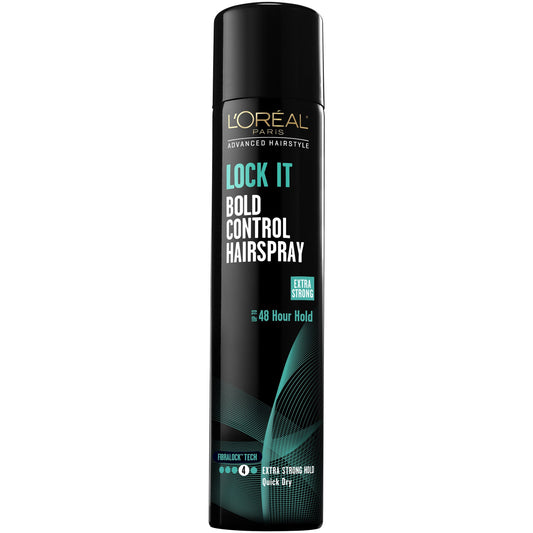 L'Oreal Paris Lock It Bold Control hairspray with an aerosol diffused mist for quick-dry hold and lasting style.
